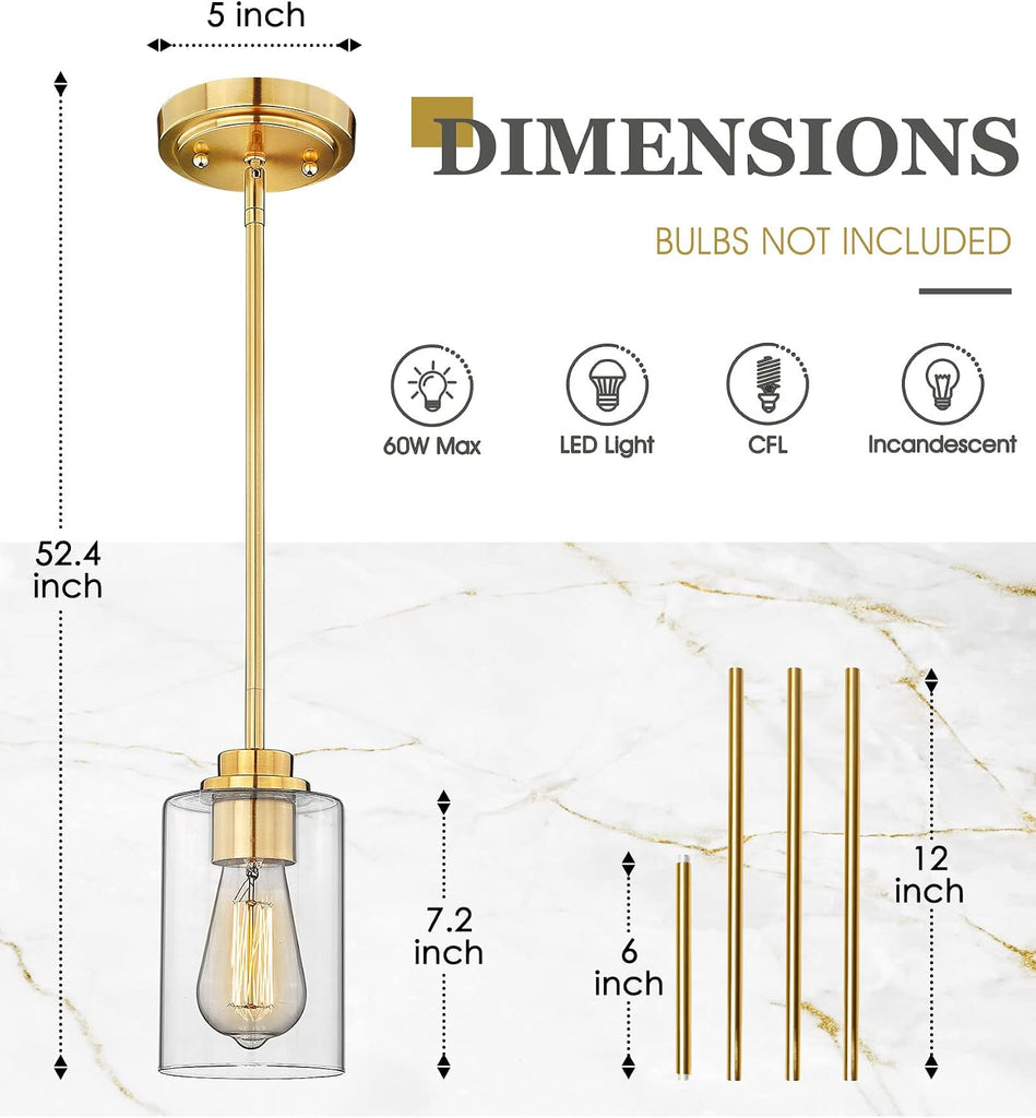 Brass Pendant Lights Kitchen Island 2 Pack, Farmhouse Gold Pendant Lighting with Clear Glass Shade, Mini Hanging