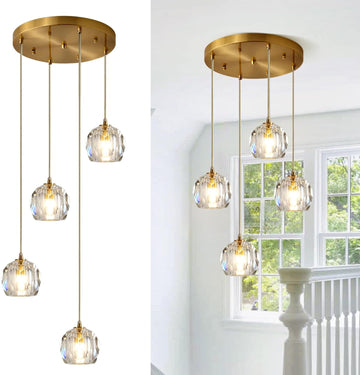 Gold Crystal Pendant Light Mid Century Modern 4-Lights Cluster Pendant Lighting Anti Brass Adjustable Hanging Ceiling Light Vintage Round Kitchen Island Chandelier Light Fixture