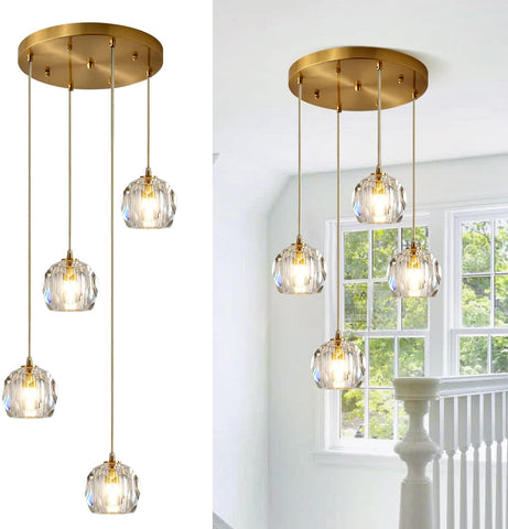 Gold Crystal Pendant Light Mid Century Modern 4-Lights Cluster Pendant Lighting Anti Brass Adjustable Hanging Ceiling Light Vintage Round Kitchen Island Chandelier Light Fixture A116-B0CFF3QJ62