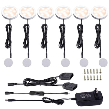 12V LED Under Cabinet Lights Kit 6 Pack Black Cord Aluminum Puck Lamps Counter Closet Lighting with Manual on/Off