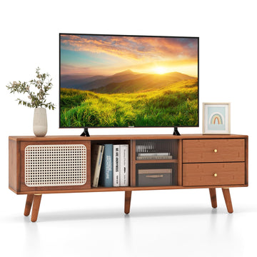Mid Century Modern TV Stand for TVs up to 65", Bamboo Entertainment Center w/Glass & PE Rattan Sliding Doors, 2