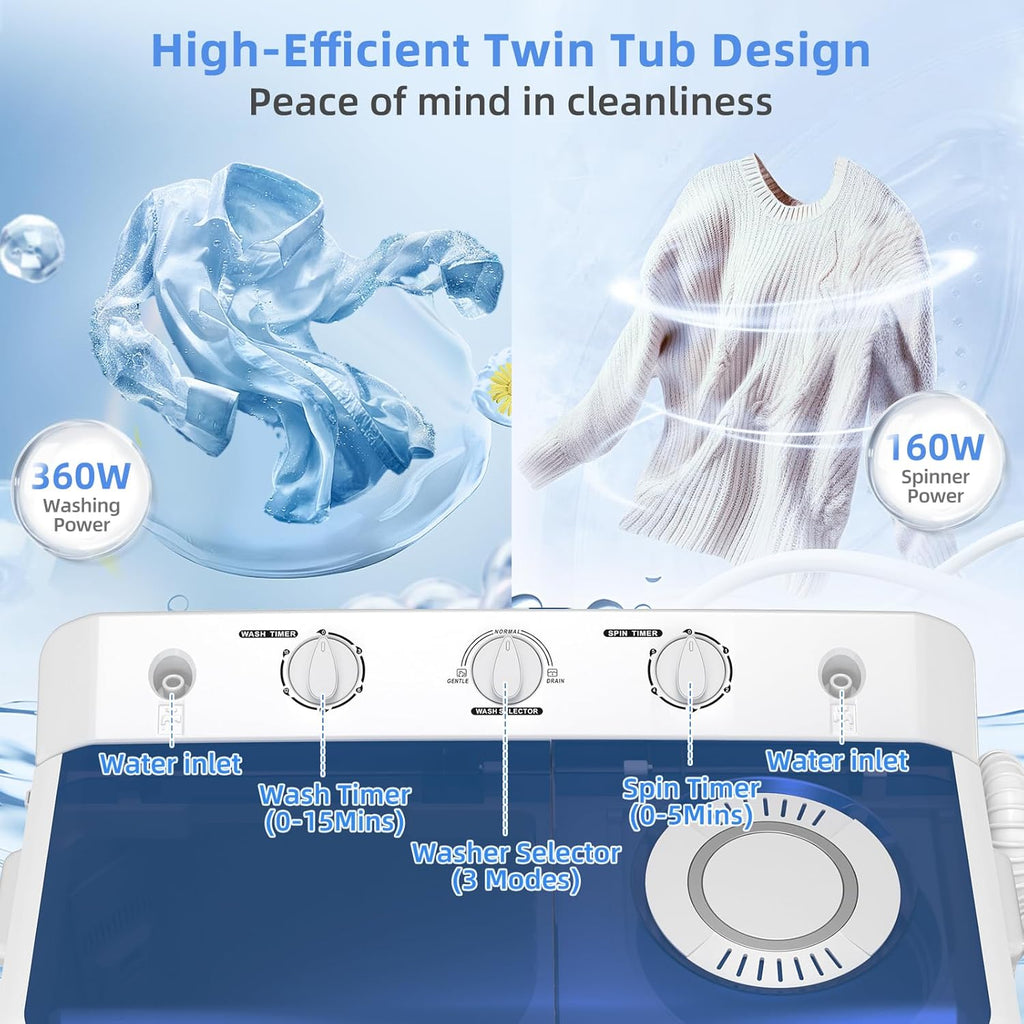 Portable Washing Machine, Twin Tub Washing Machine Laundry Compact Washer spinner Combo with 28lbs capacity, 18Lbs
