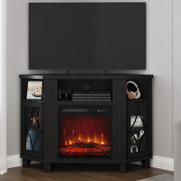 Corner TV Stands with 18'' Fireplace for TVs up to 55'', Media Console Table with Adjustable Shelves, Acrylic Doors