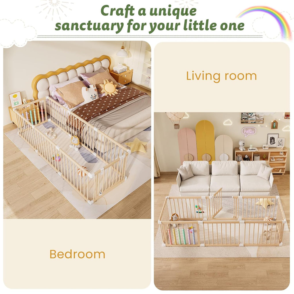 Large Wooden Baby Playpen - Size Adjustable Fence for Babies and Toddlers, Baby Play Yard with Locking Gate, Indoor