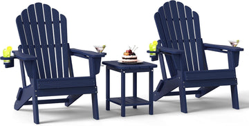 HDPE Folding Adirondack Chairs Set of 2 with Table, Navy | 3-Piece HDPE Patio Furniture Set, All Weather Fire Pit
