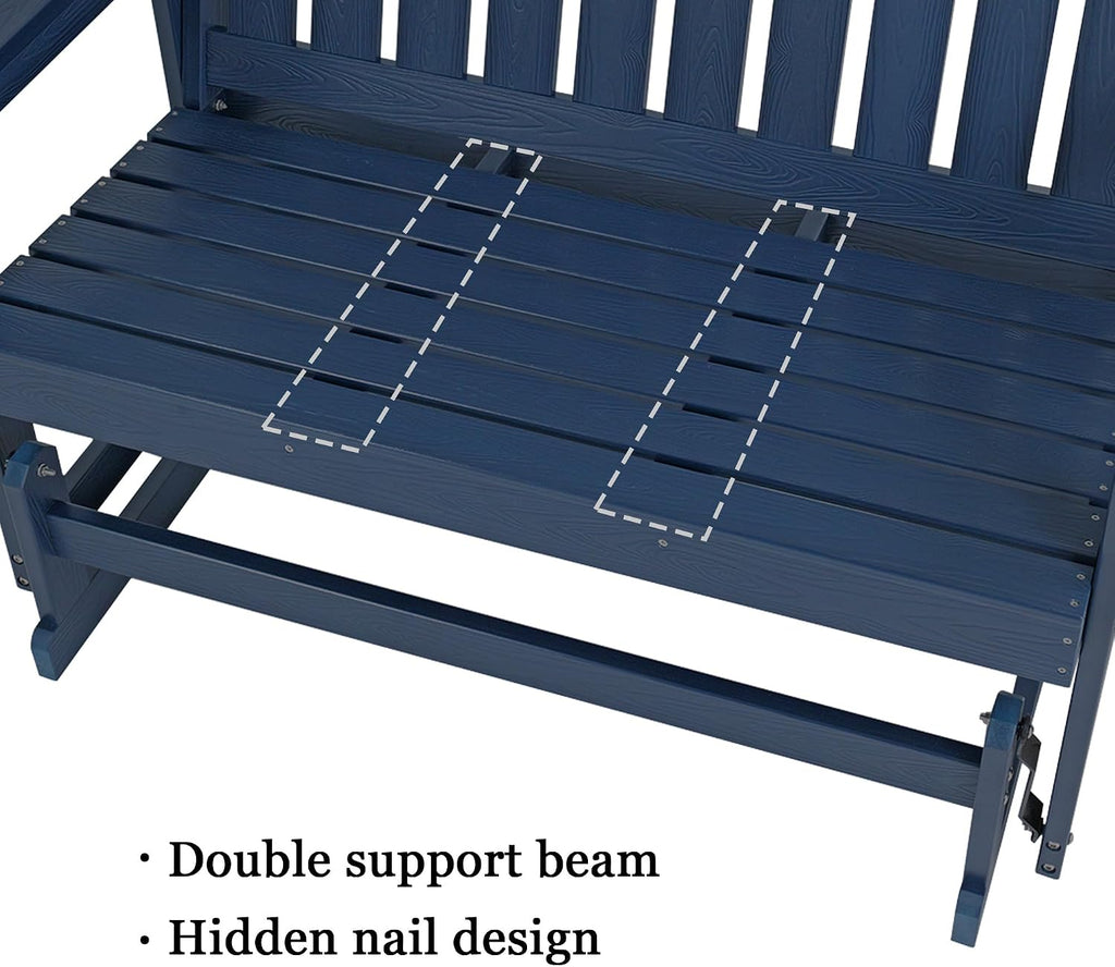 Poly Lumber Patio Glider, HIPS Material Weather-Resistant Swing Bench for Outdoor Porch Garden (Navy Blue, 2-Seater)