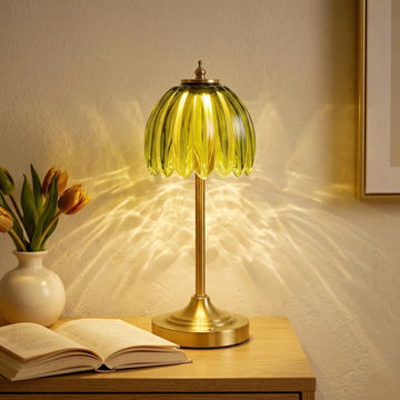Glass Tulip Rechargeable Table Lamp, Cordless Flower Table Light -Green