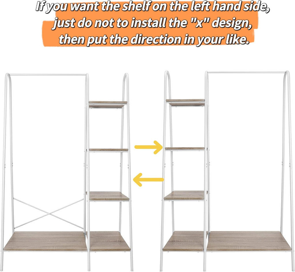 Metal Clothes Closet Rack, Clothing Rack for Hanging Clothes White Heavy Duty Garment Rack with 5 Wood Shelves