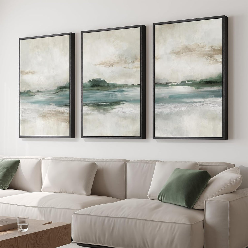 Large Framed Abstract Nature Landscape Wall Art , Set of 3 Modern Canvas Prints Paintings Artwork for Walls, Green