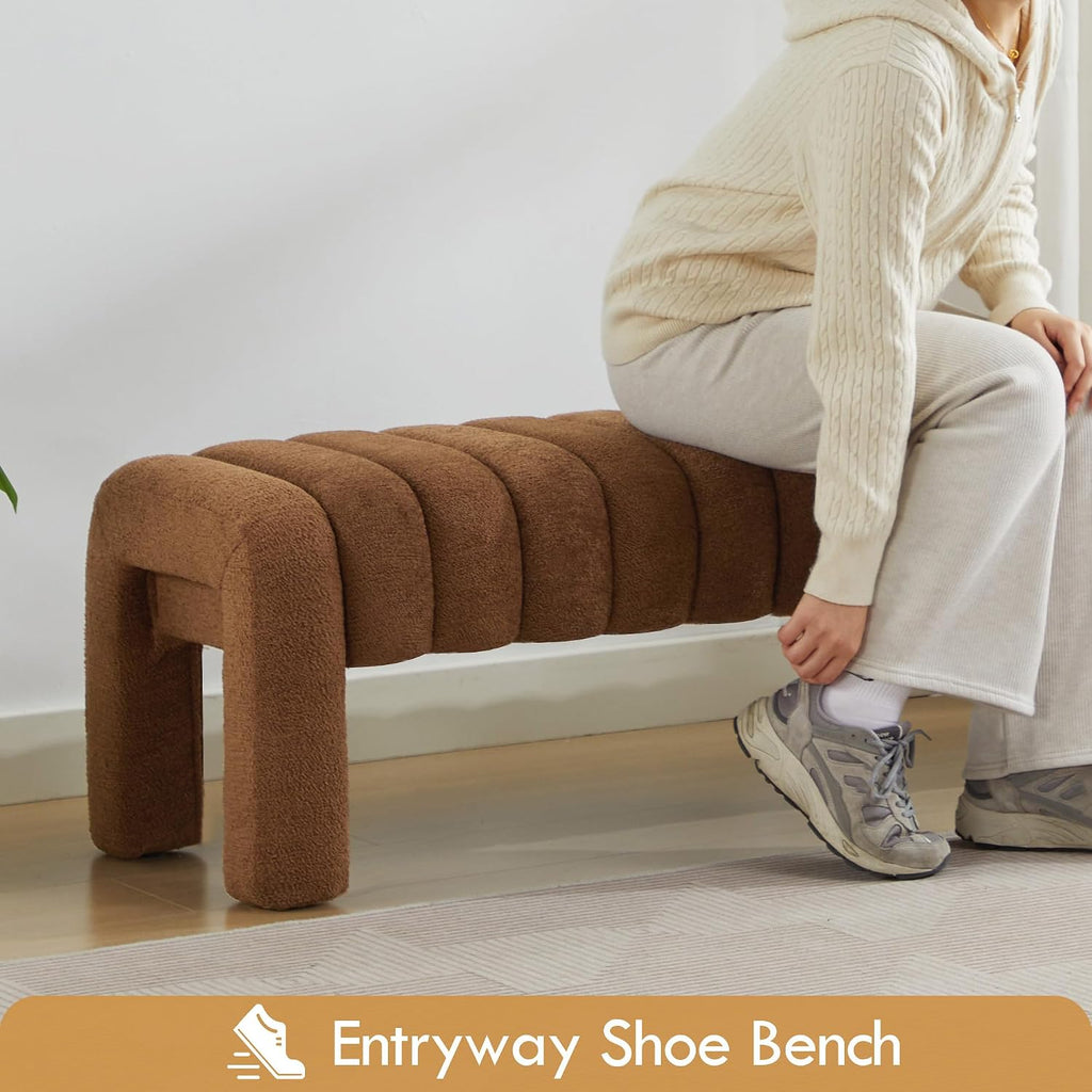 63" Upholstered Boucle Bench, Rust Brown | Padded King Size Long Ottoman, Sherpa Window Seat, Bedroom, Living Room