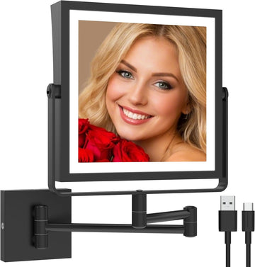 Rechargeable Wall Mounted Makeup Mirror with Lights, Double Sided 1X/10X Magnifying Vanity Mirror with 3 Color