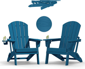 HDPE Folding Adirondack Chair Set of 2 with Cup Holder, Navy | SGS Tested, Wooden Textured, Heavy All-Weather HDPE