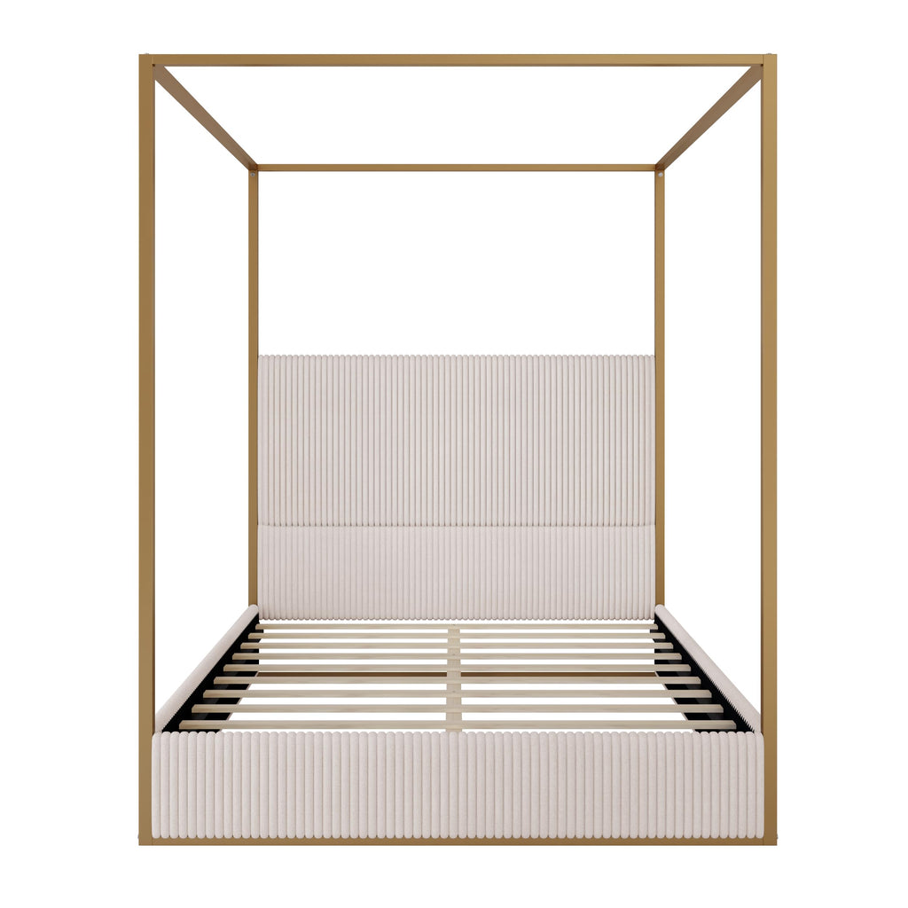 Luxury Queen Metal Canopy Bed with Tall Upholstered Headboard, Beige