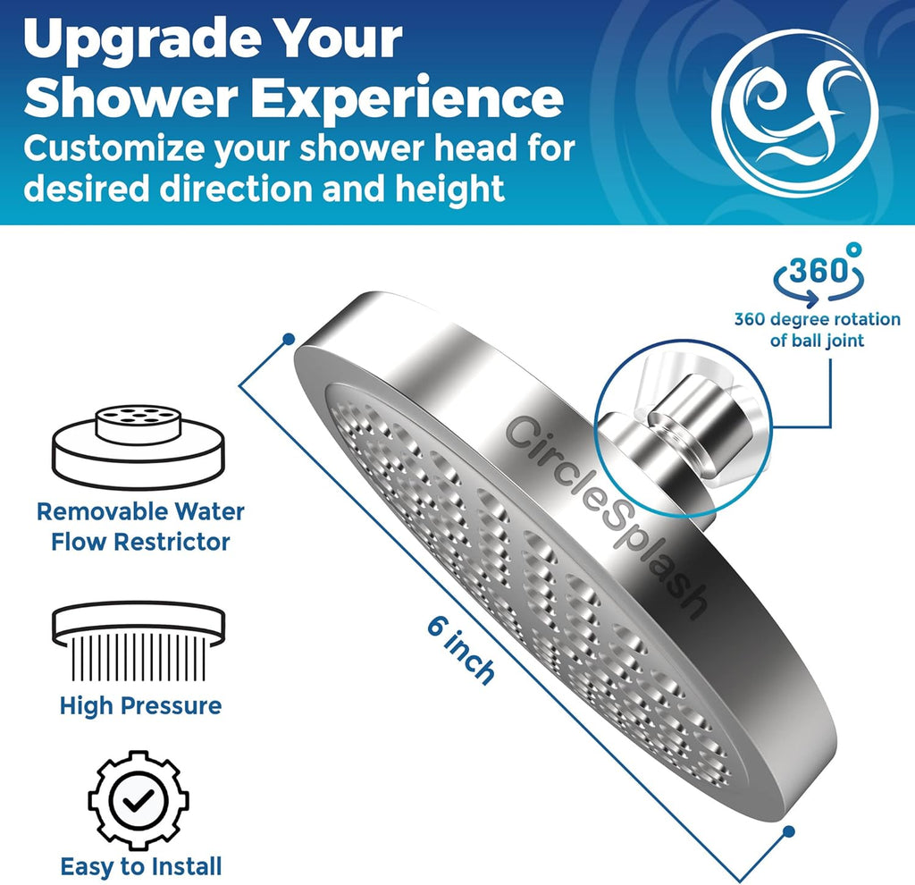 High Pressure Shower Head - Anti-Clogging Silicone Nozzles - 2.5 GPM Removable Restrictor