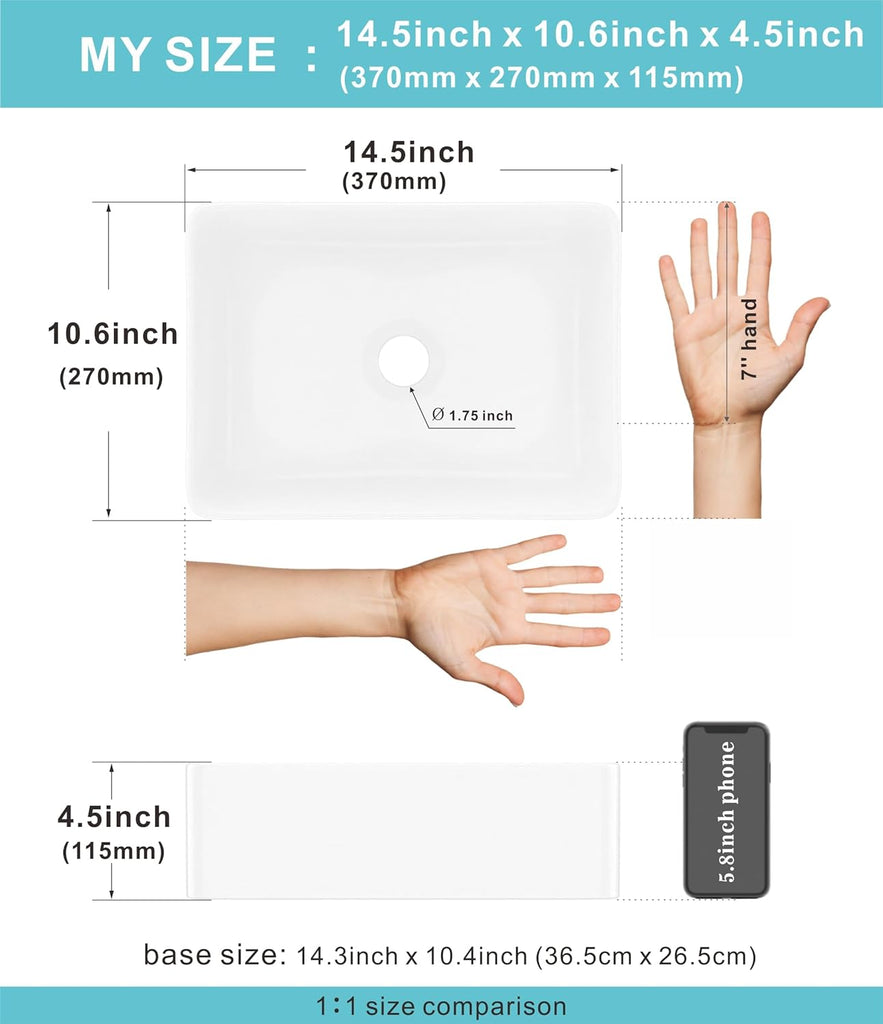 J-FAMILY 14.5'' x 10.6'' Small Vessel Sink Bathroom Above Counter White Porcelain Ceramic Rectangular Sink Bowl Small