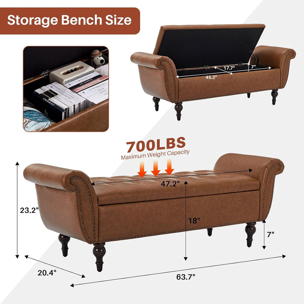 63.8" Storage Bench Faux Leather End Of Bed Bench With Storage | Upholstered Ottoman Foot Rest With Rolled Arms