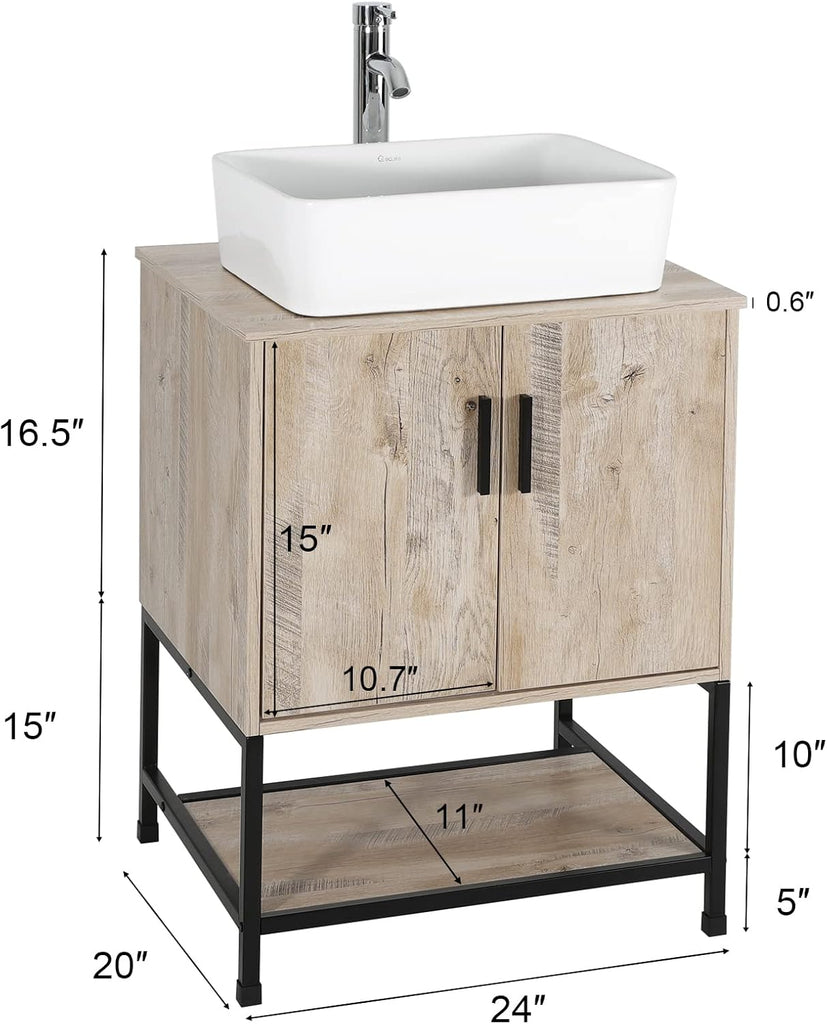 24" Bathroom Vanity Sink Combo Modern Metal Stand Cabinet W/Bottom Shelf White Rectangle Vessel Sink & Water