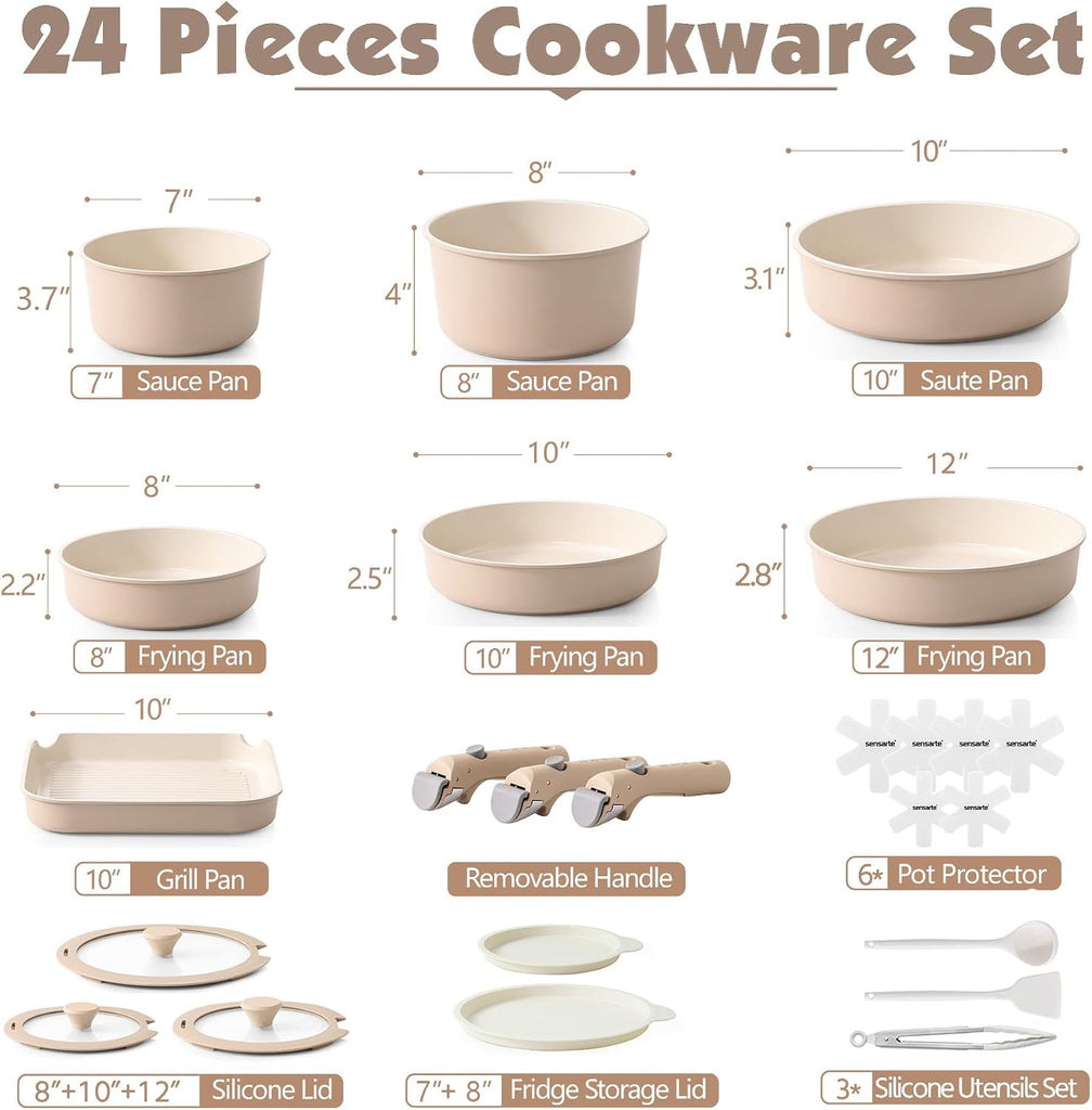 24 Piece Ceramic Detachable Handle Pots and Pans Set Almond Beige | Ceramic Cookware Set, Induction Cookware Set with