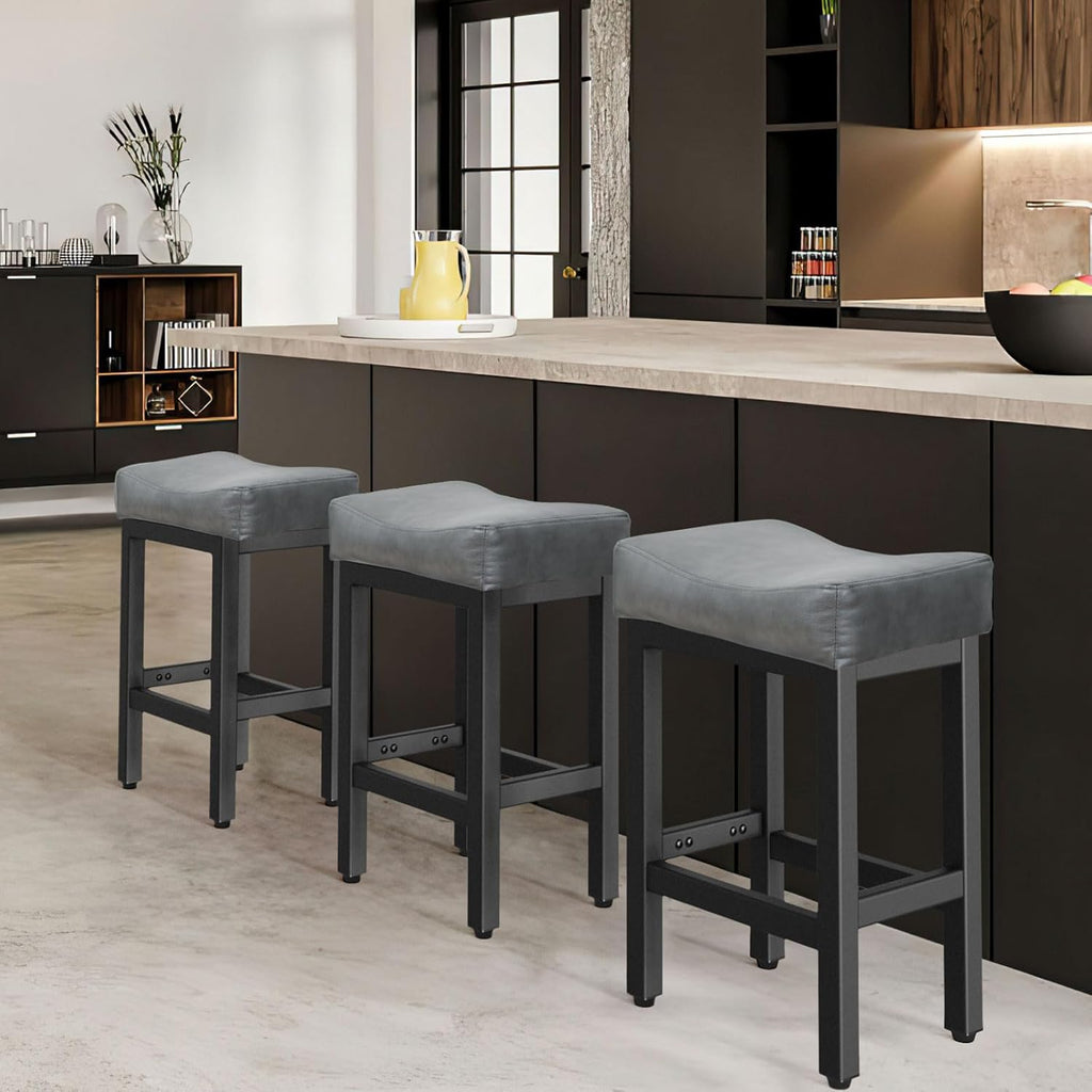 Counter Height Bar Stools Set of 2, 24 Inch Barstools Island Counter, Bonded Leather Kitchen Stools with Thick Saddle