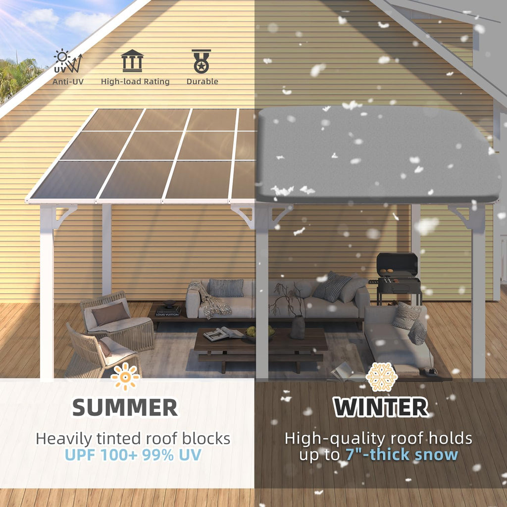 14' x 12' Hard Top Lean-to Gazebo - Aluminum Wall-Mounted Pergola with Waterproof Roof, White