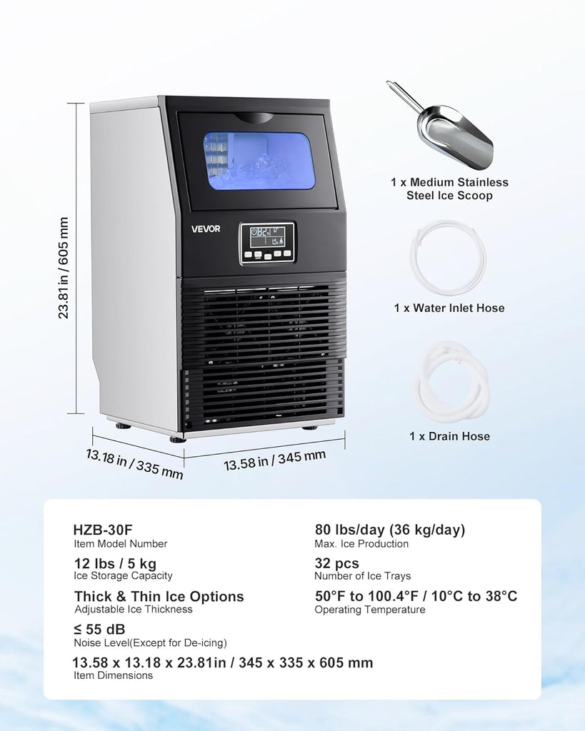 Commercial Ice Maker Machine, 80 lbs/24h with 12Lbs Storage, 32 Cubes per Cycle, Stainless Steel Freestanding & Countertop Ice Maker with LED Display & Self-Cleaning, for Home Bar Restaurant