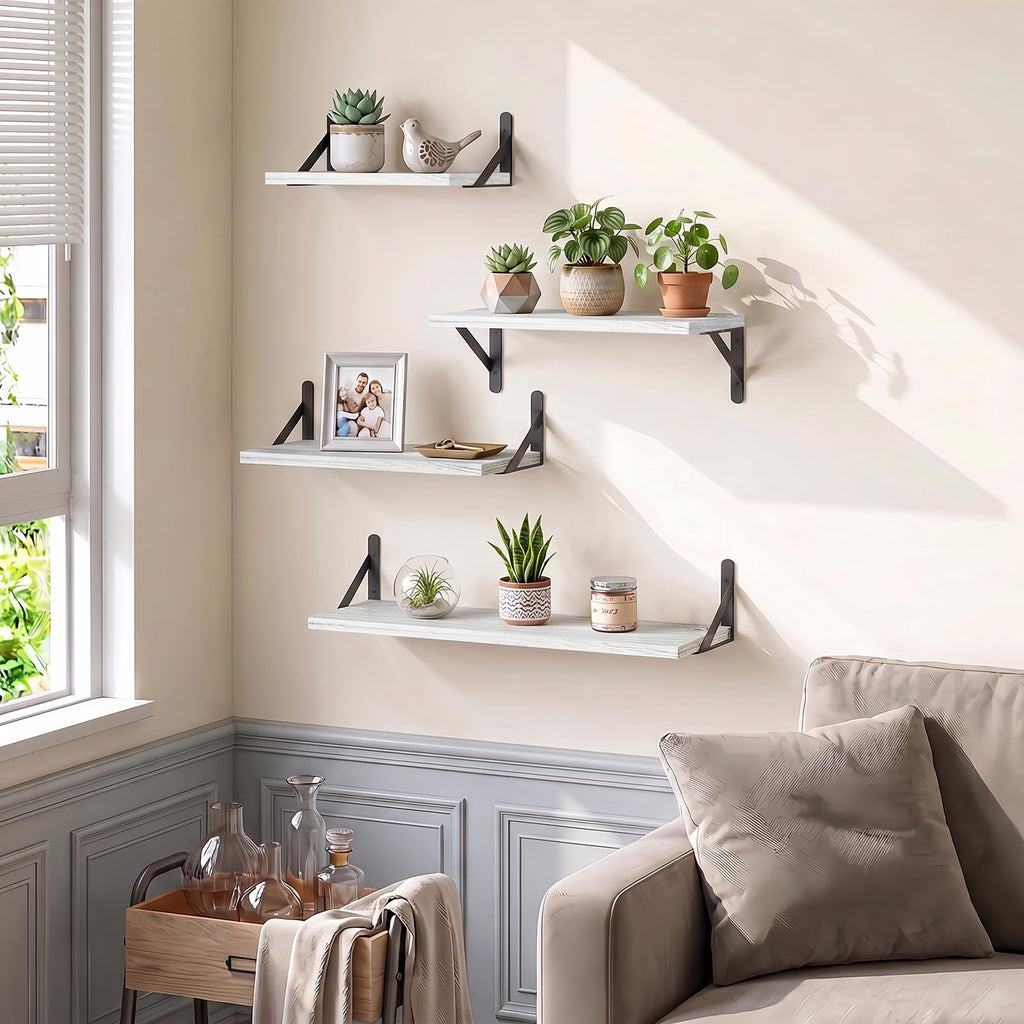 4 Different Sizes Floating Shelves for Wall Decor, Rustic White