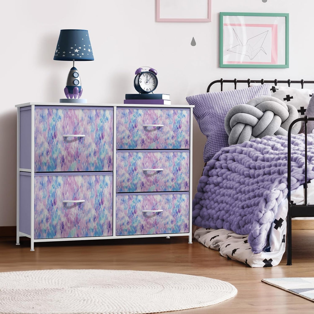 Kids Dresser with 5 Drawers - Storage Chest Organizer Unit with Steel Frame, Wood Top & Handles, Tie-dye Fabric Bins