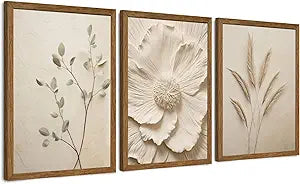 Beige Floral Wall Art Set of 3, Solid Wood Frames, 16 x 24 in Each