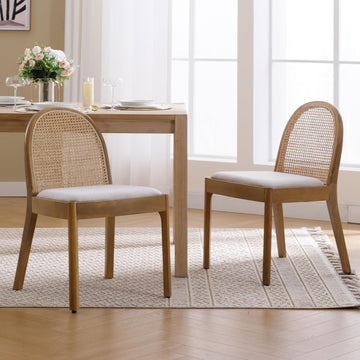 Rattan Dining Chairs Set of 2, Upholstered Linen Dining Room Chairs with Backrests, Modern Kitchen Chairs with Wood