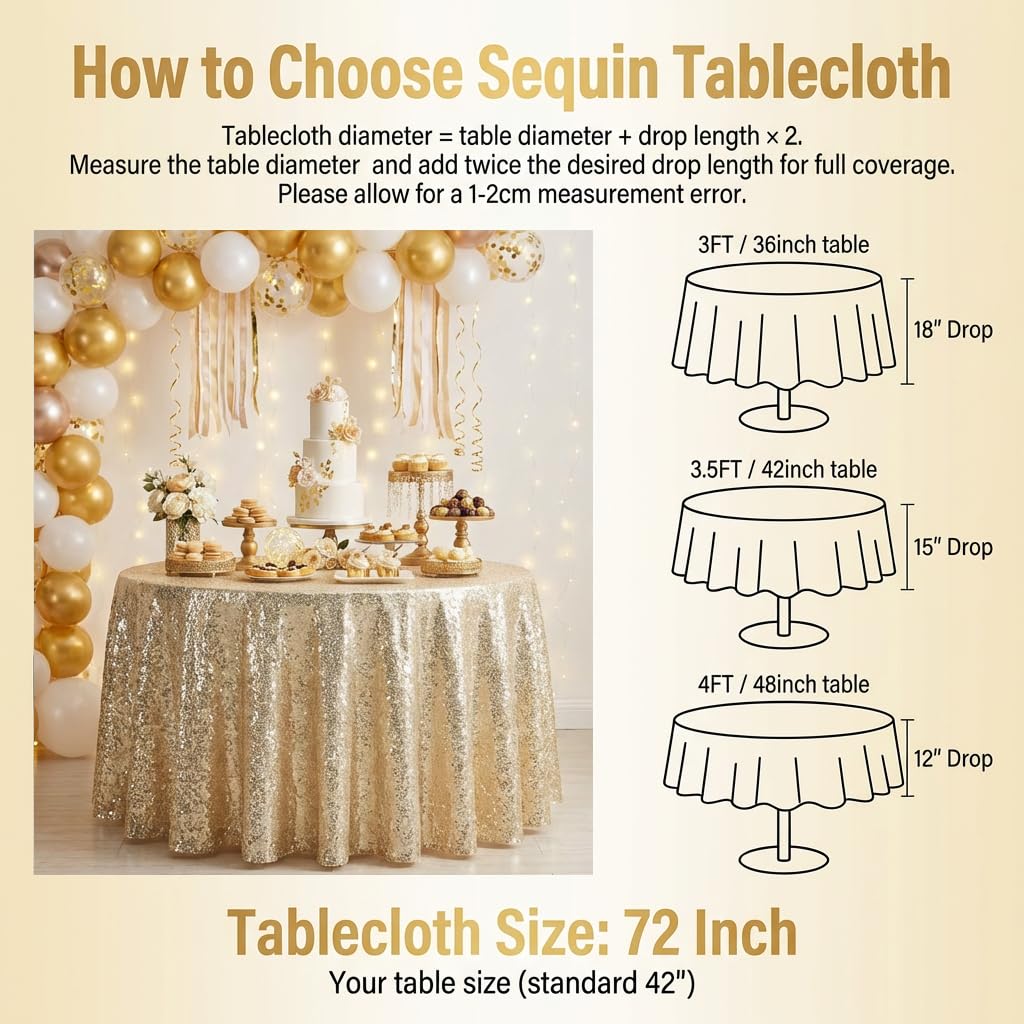 72 Inch Round Champagne Sequin Tablecloth