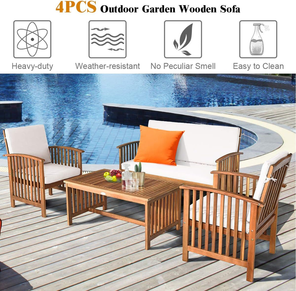 Outdoor 4 Pcs Acacia Wood Sofa Set w/Water Resistant Cushions, Padded Patio Seating Chat Set w/Coffee Table for