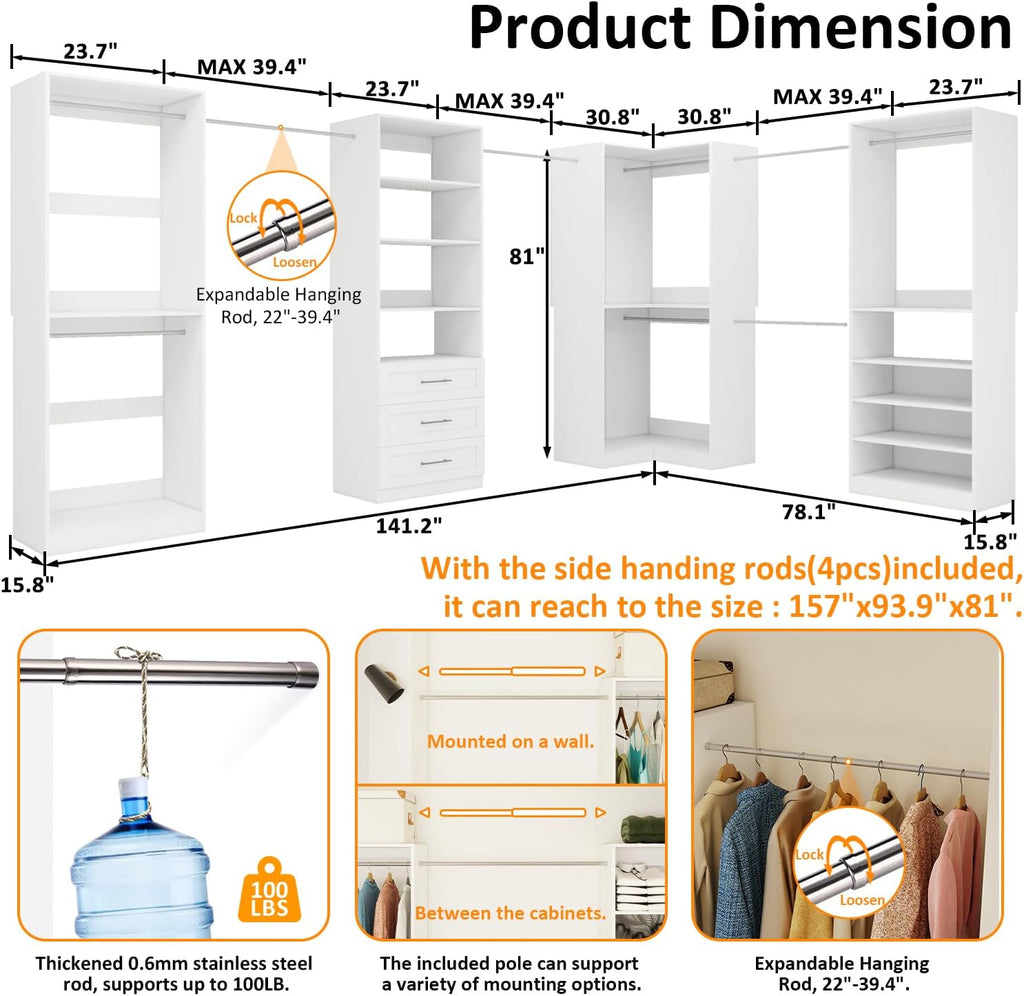 Closet Organizer System of 4 Sets with 3 Drawers, 9 Hanging Rods & 8 Shelves, 157" Walk in Closet System, Corner