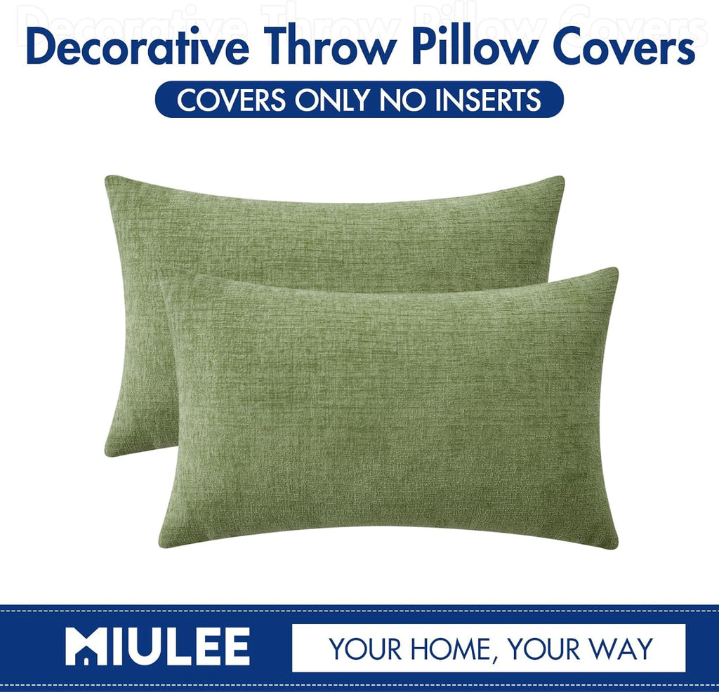 Pack of 2 Couch Throw Pillow Covers 12x20 Inch Spring Soft Sage Green Chenille Lumbar Pillow Covers