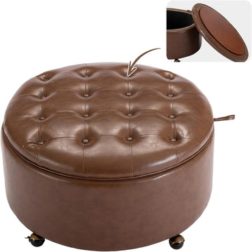 29" Round Storage Ottoman, Faux Leather, Reversible Tray
