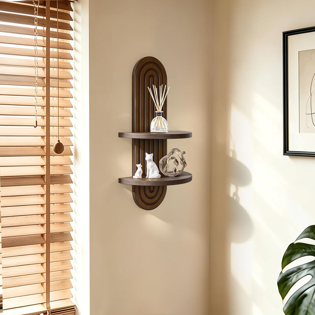 Wall Shelf with Arched Mid Century Boho Wall Decor Wood Design 2-Tier Wooden Floating Shelves for wall, Plant Wall