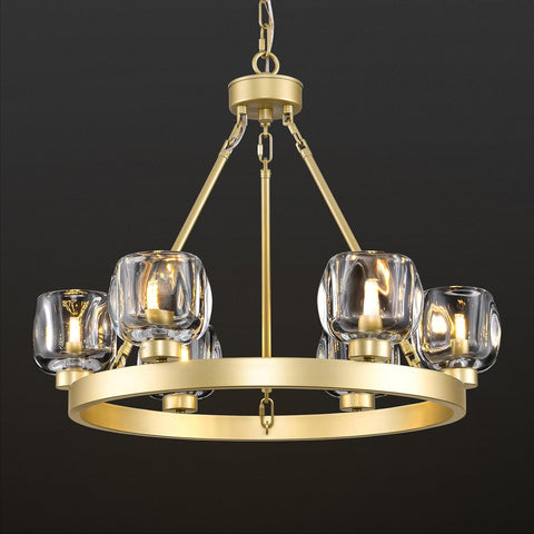 Gold Wagon Wheel Chandelier, 24 Inch Brass Chandeliers with Unique Glass Shade, 6-Light Crystal Farmhouse Wagon Wheel Chandeliers for Dining Room, Round Chandelier for Living Room, Foyer, Entryway A126-B0DT4BGKF7