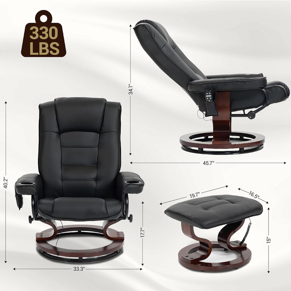 Modern Reclining Swivel Lounge Chair and Ottoman — Black PU Leather
