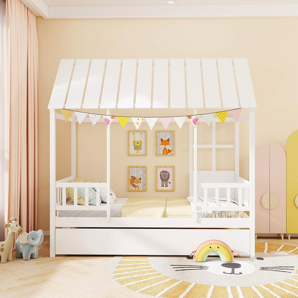 Tw Bed with Trundle Bed Twin, Wooden Montessori Bed Frame with Roof & Safety Guardrail for Kids, Teens, Boys or