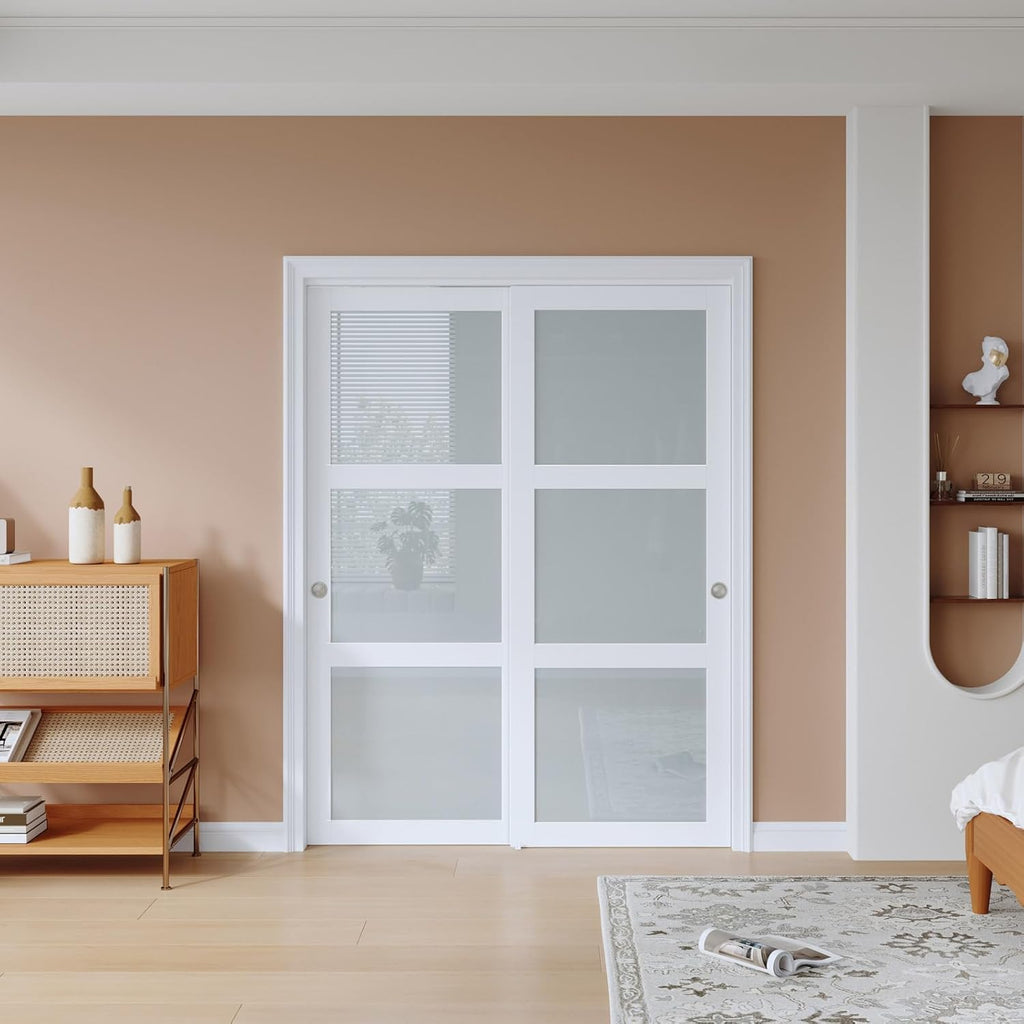 60x80 in (Double 31in) Bypass Sliding Closet Door for Bedroom, 3-Lite Frosted Glass Sliding Door wit