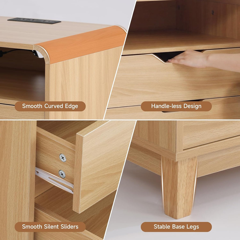 Nightstand with Charging Station, Modern Night Stand with LED Light, 23.6" Wide Wood Bed Side Table Bedroom, Large