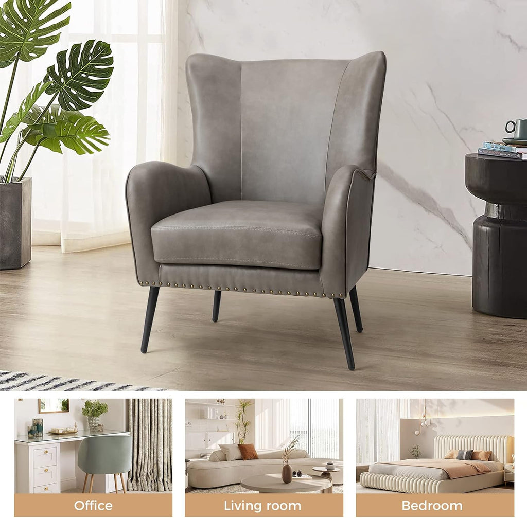 Faux Leather Accent Chair, Grey | Wingback design with removable cushion, nailhead trim, and metal legs , reading