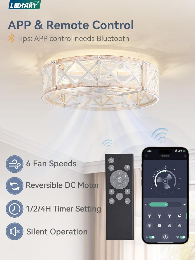 20" Caged Ceiling Fan with Light, APP&Remote Control, Small Flush Mount Farmhouse Fan Lights