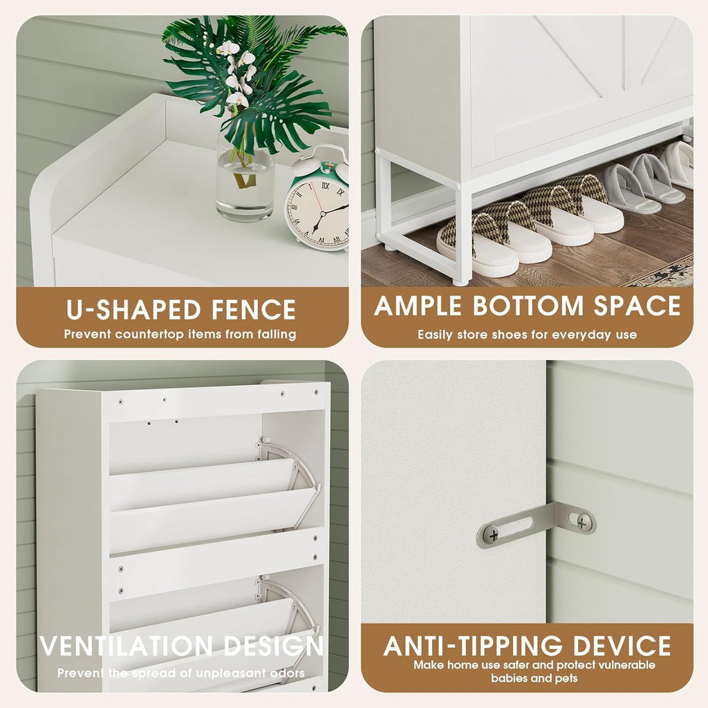 Shoe Cabinet, Shoe Storage Cabinet with 2 Flip Drawers & Adjustable Shelf, Space-Saving Shoe Organizer - Holds 16+