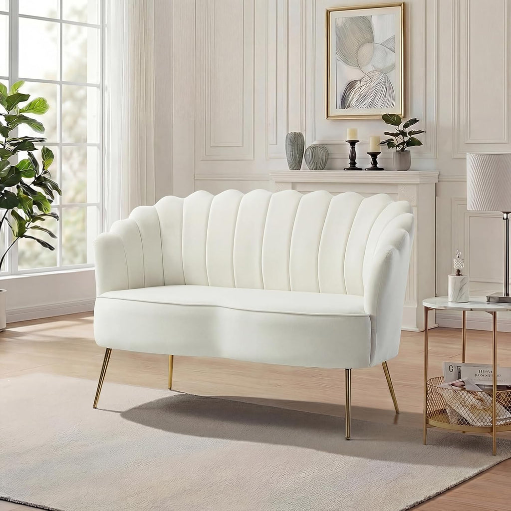 Velvet Loveseat Sofa with Gold Metal Legs and Flower-Shaped Back - Modern 2-Seater Accent Couch