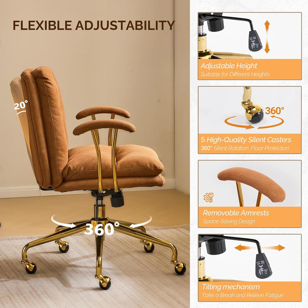 Home Office Desk Chair Comfy with wheels&Removable Armrests,Gold Base Vanity Chair with Back,Adjustable Rolling