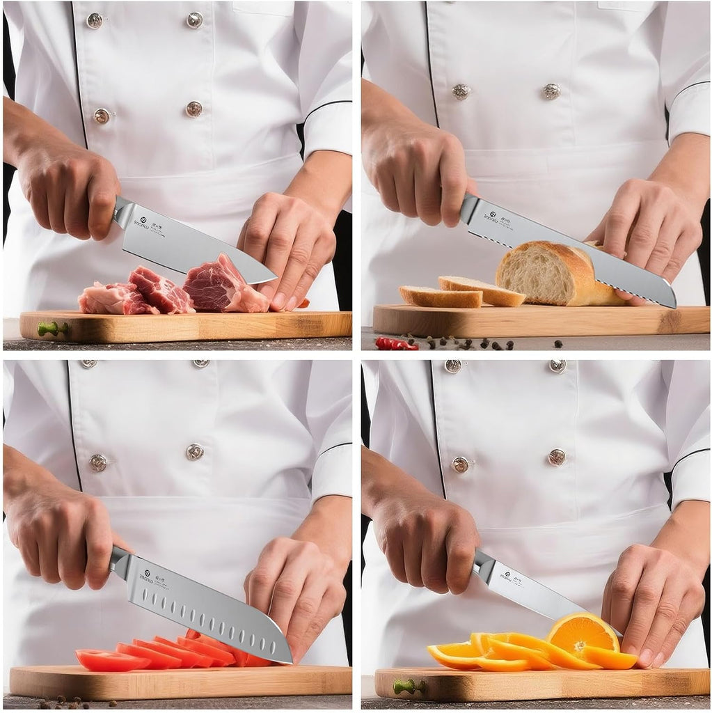 Knife Sets with Block G14 Japanese Knife Set Stainless Steel Kitchen 14pcs, Built-in Sharpener, Sharp Knives with