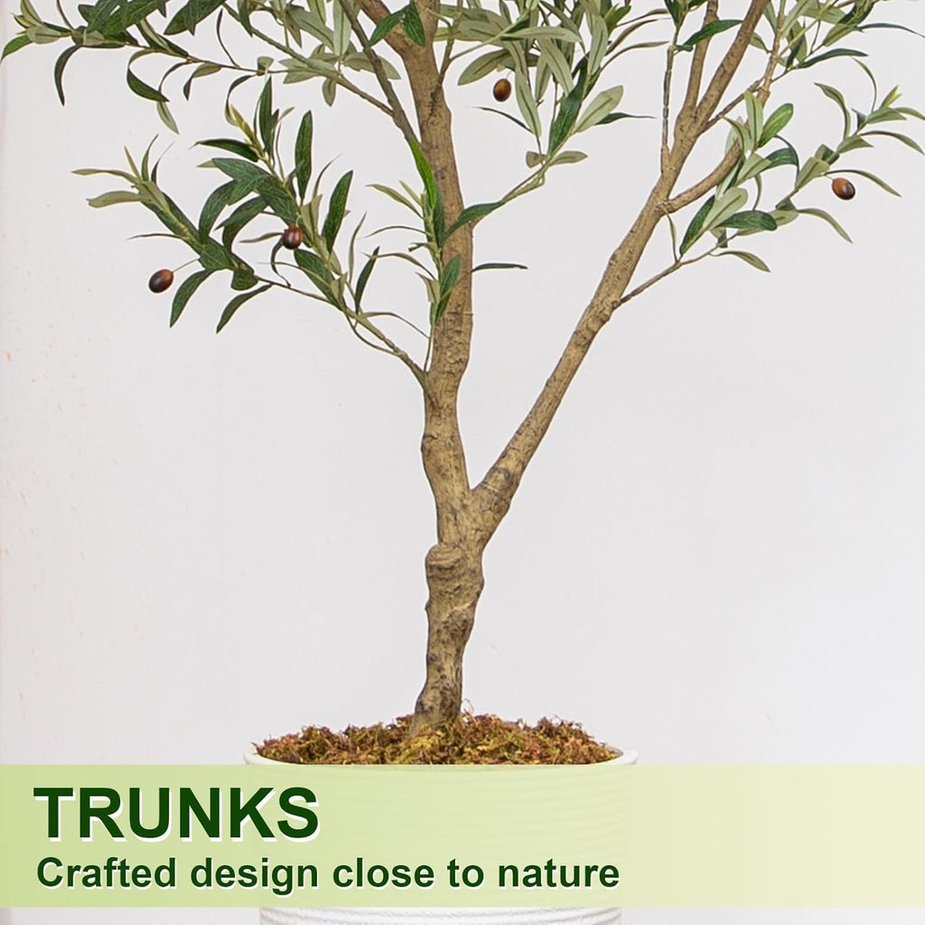 7FT Artificial Olive Tree Indoor with White Pot Tall Planter, Faux Olive Tree with Natural Wood Trunk and Lifelike