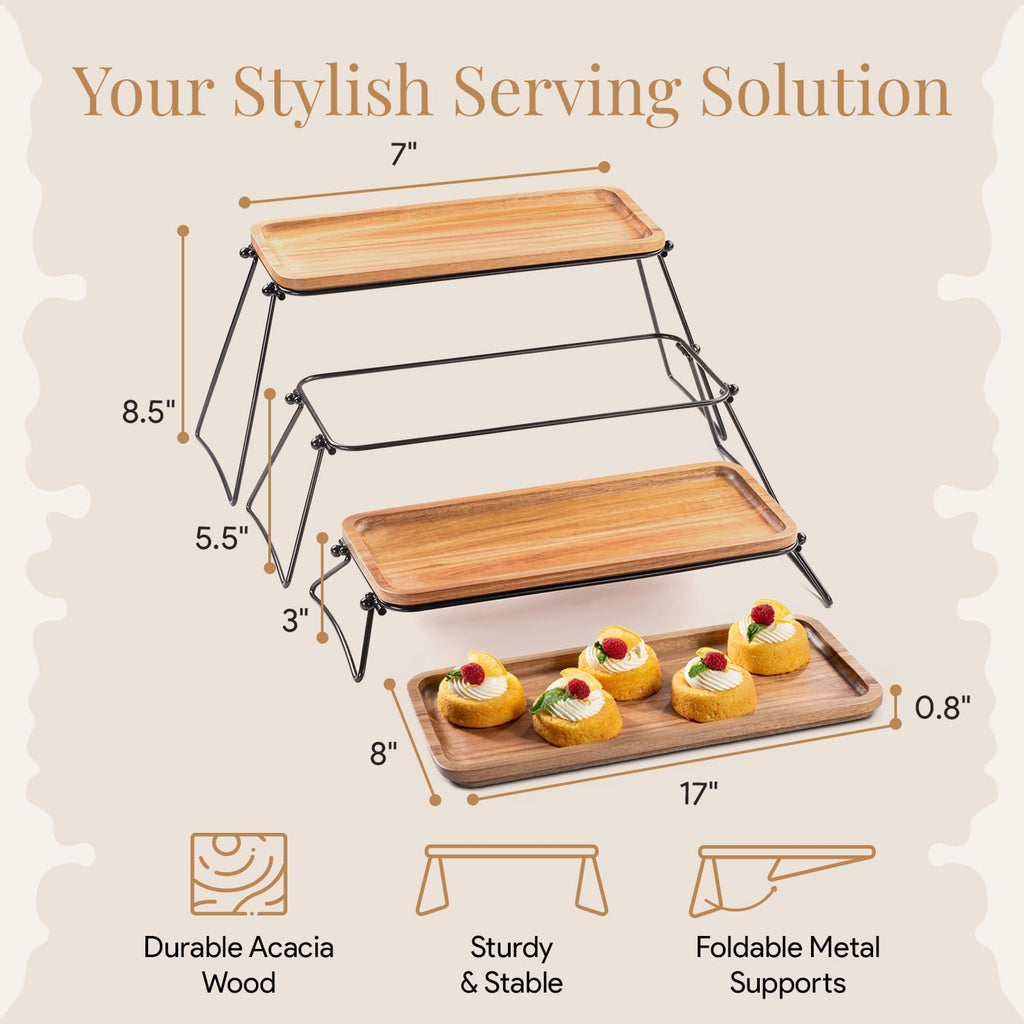 3 Tiered Tray Stand - Acacia Wood 3 Tier Serving Tray, Cupcake, Cake, Charcuterie Boards & Food Stand, Dessert Table