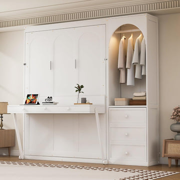 Queen Murphy Bed with Desk, Storage Shelf, 3 Drawers, Solid Wood Frame, 800 lbs Capacity, Easy to Install, Quiet