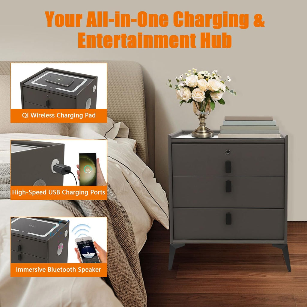 Smart Bedside Side Table w/USB Charging, Smart LED Nightstand w/Three-Color Light & Fingerprint Lock Drawer, Speaker